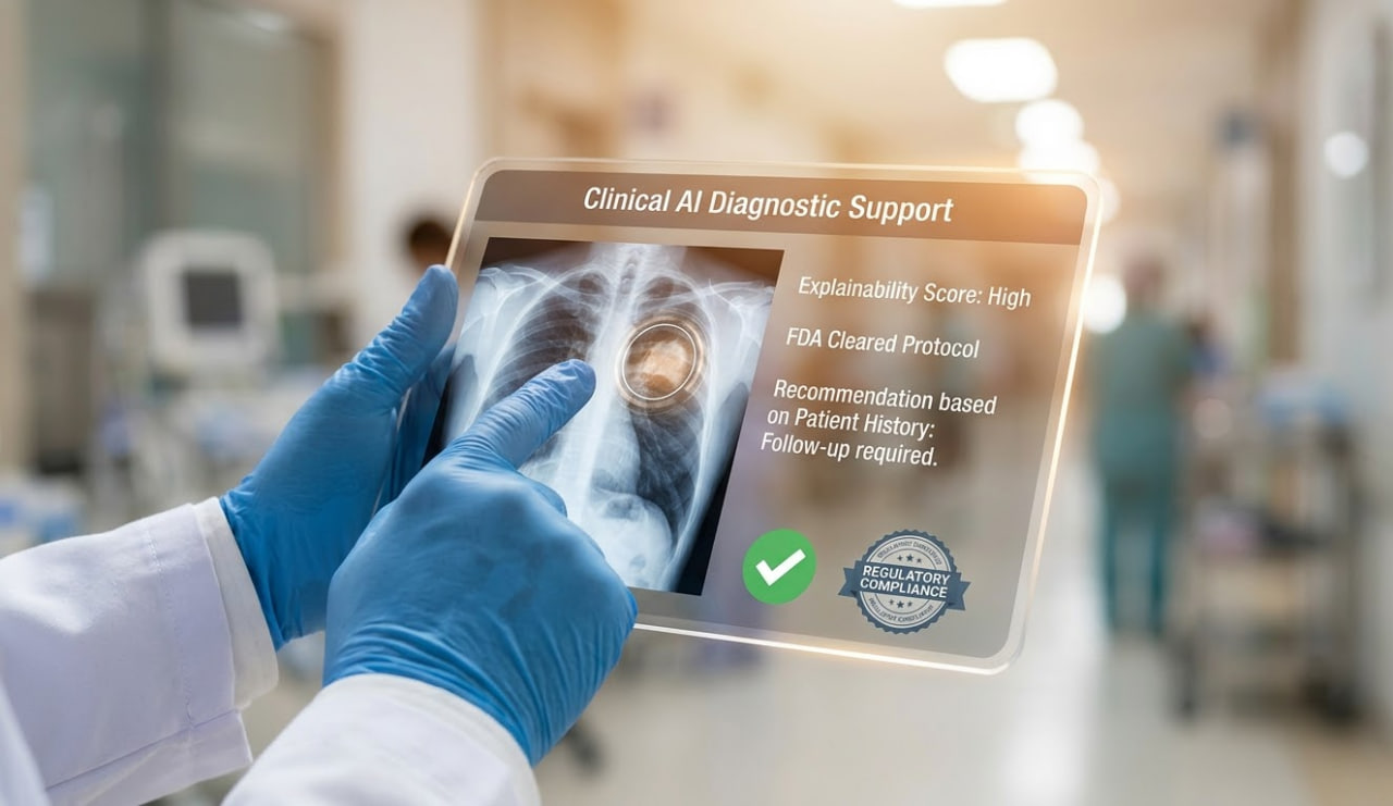  Doctor reviewing chest X-ray on Clinical AI Diagnostic Support tablet with FDA clearance and regulatory compliance badges.