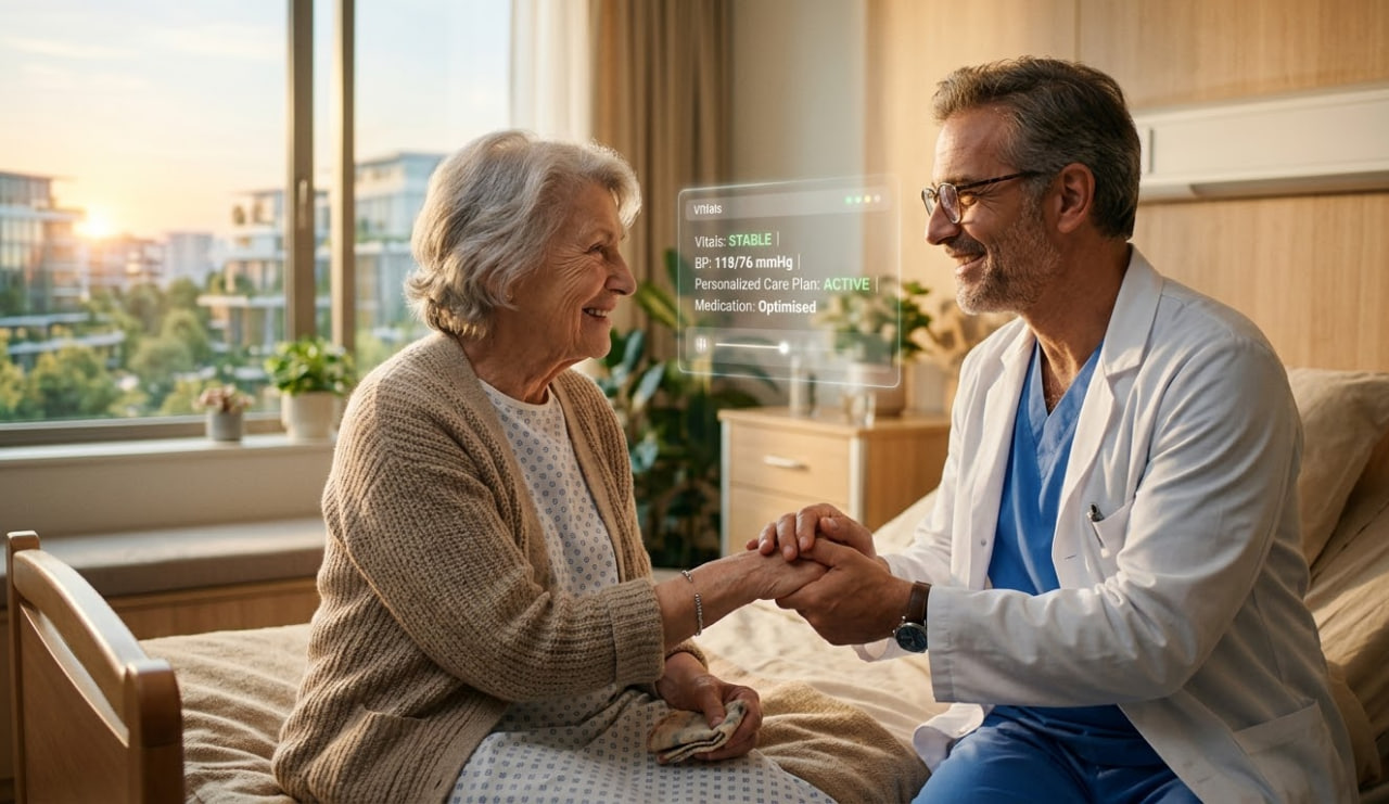 Doctor consulting with elderly patient, holographic display showing stable vitals and active personalized care plan.