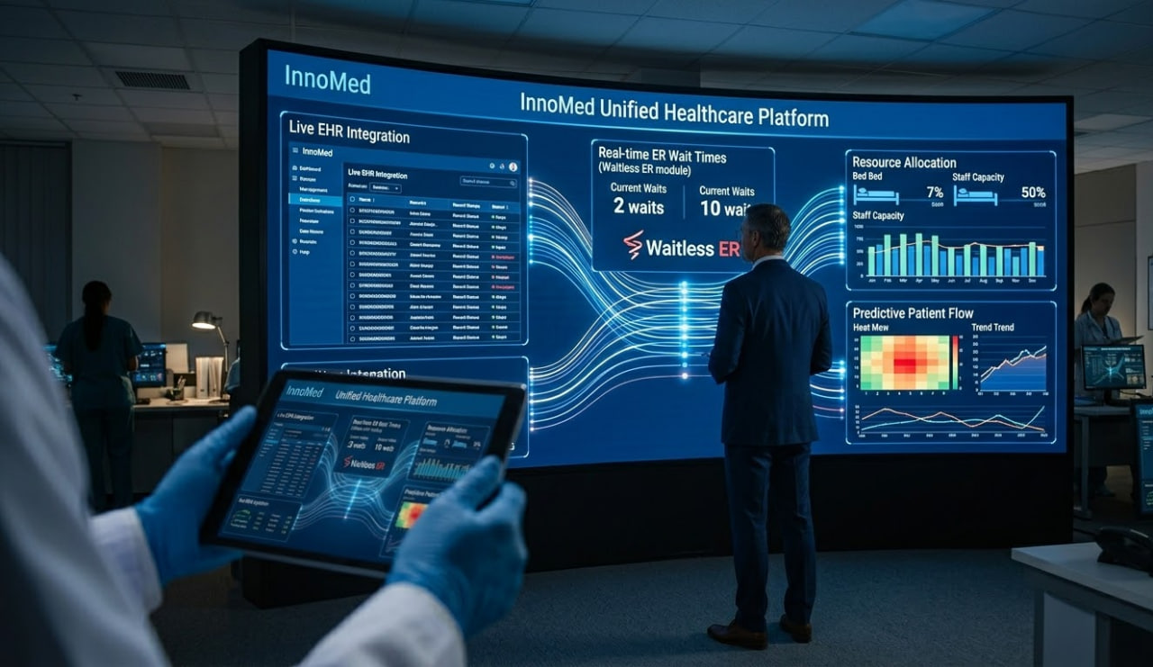 InnoMed Unified Healthcare Platform dashboard showing EHR integration, ER wait times, and patient flow analytics.