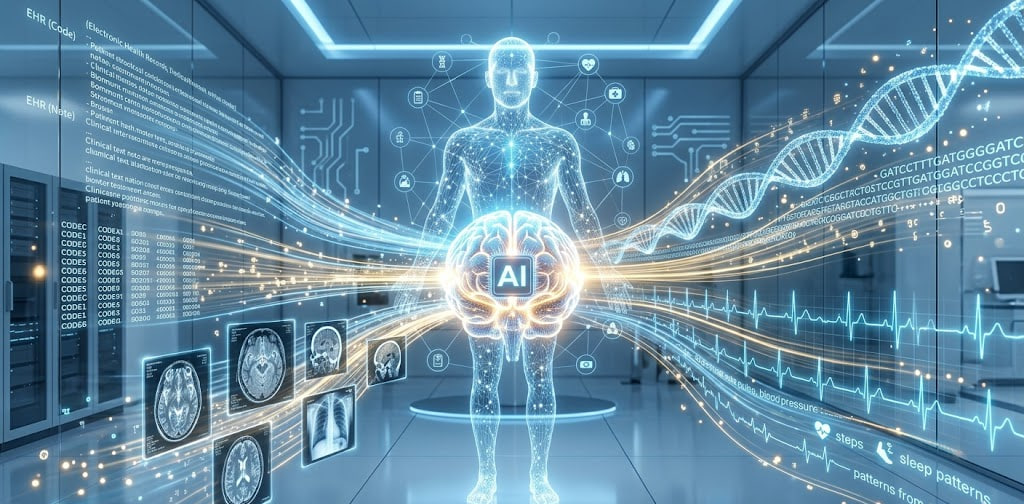 Futuristic AI in healthcare showing a digital human, brain, DNA, and medical data visualization.