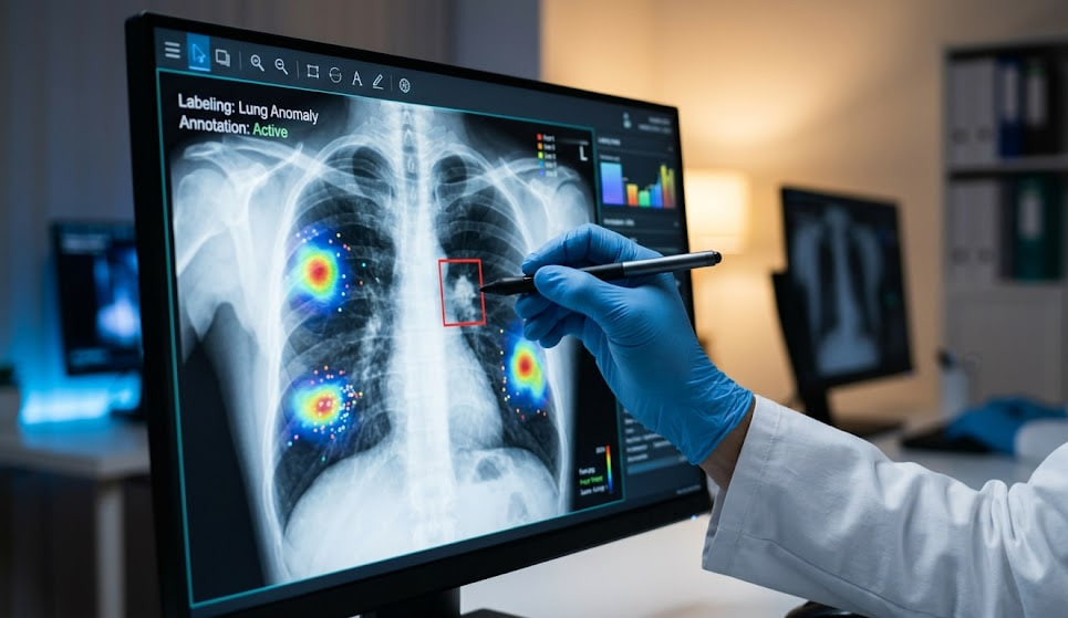 Doctor analyzing a lung X-ray on a computer screen using AI to detect anomalies.