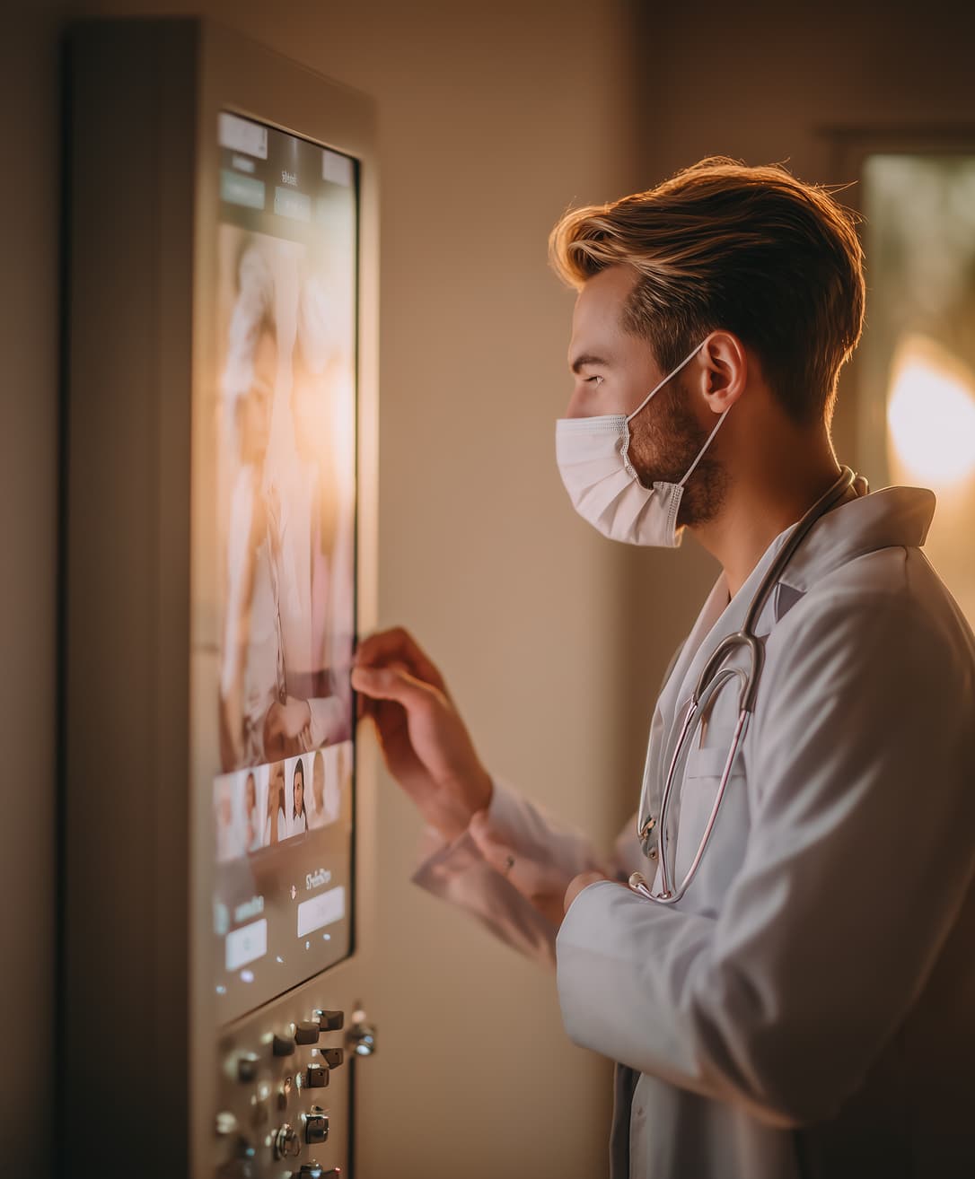 A male doctor wearing a mask and stethoscope interacts with a large vertical touchscreen display.