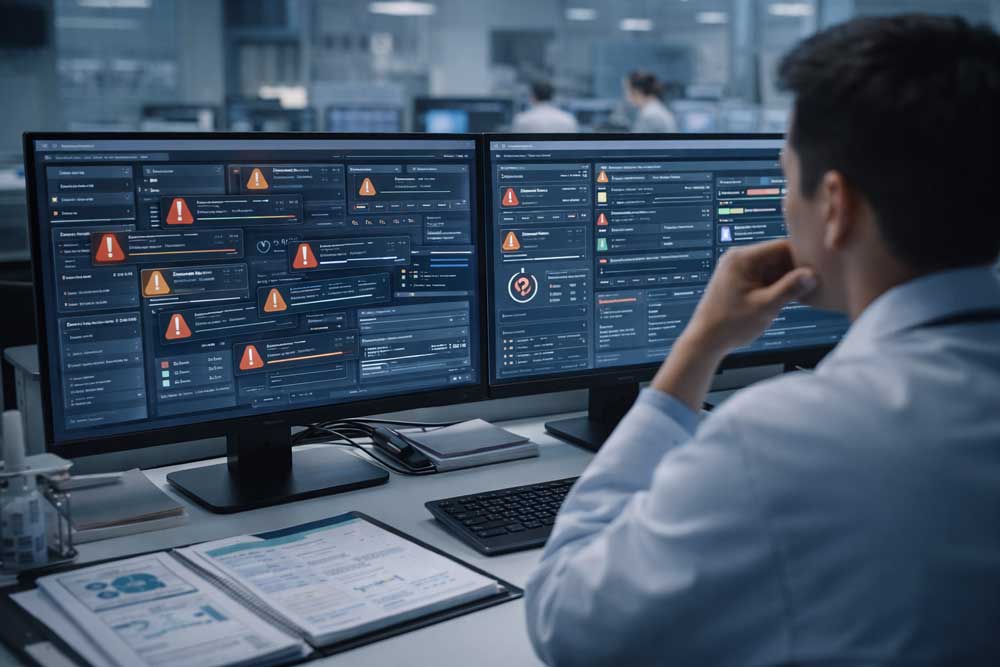 A medical professional reviews dual monitors displaying a complex dashboard filled with data and numerous orange warning alerts.