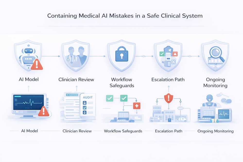 An infographic titled "Containing Medical AI Mistakes in a Safe Clinical System" illustrates a five-step workflow: AI Model, Clinician Review, Workflow Safeguards, Escalation Path, and Ongoing Monitoring.