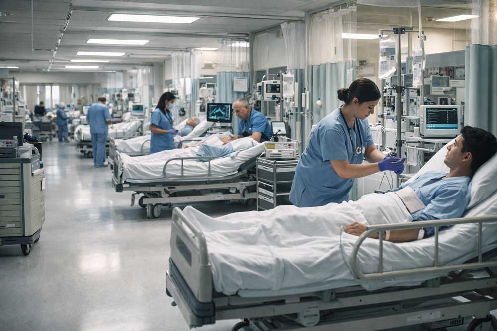 Hospital emergency department interior showing patient flow and limited treatment capacity during busy hours