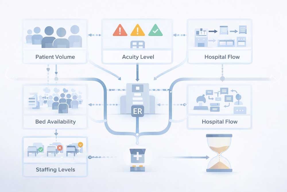 Illustration of key factors affecting emergency room wait time including patient volume staffing and bed availability