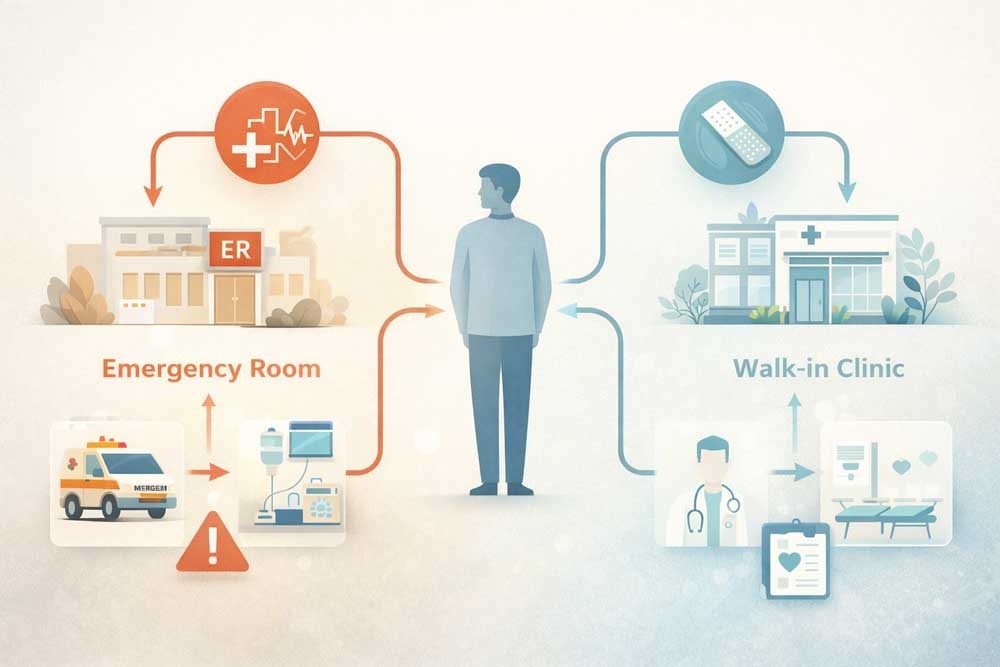 Visual decision guide showing when to choose emergency room versus walk-in clinic based on condition severity