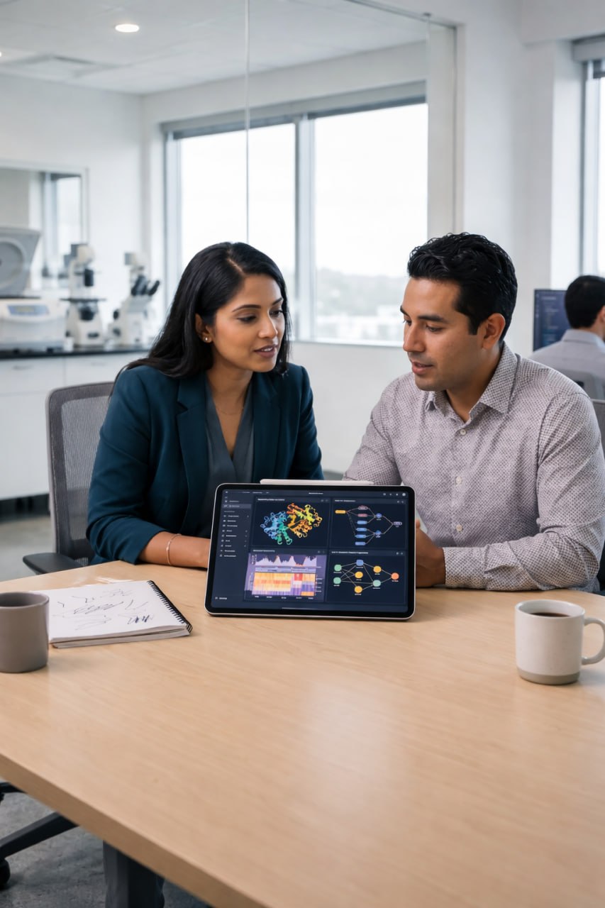 A woman and a man sit at a light wood table in a modern, sunlit office-laboratory, looking intently at an iPad displaying detailed data visualizations including a protein model, heatmaps, and charts.