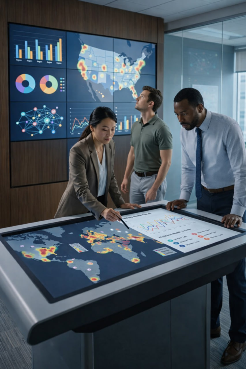A diverse team of data analysts in a modern public health command center collaborating around an interactive digital table displaying global health heatmaps.