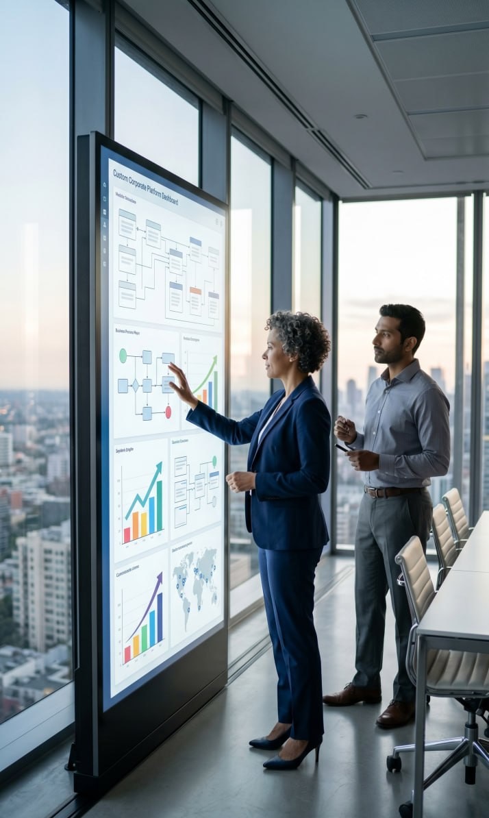 A realistic, vertical photograph of two business professionals collaborating in a modern, high-rise office at dusk.