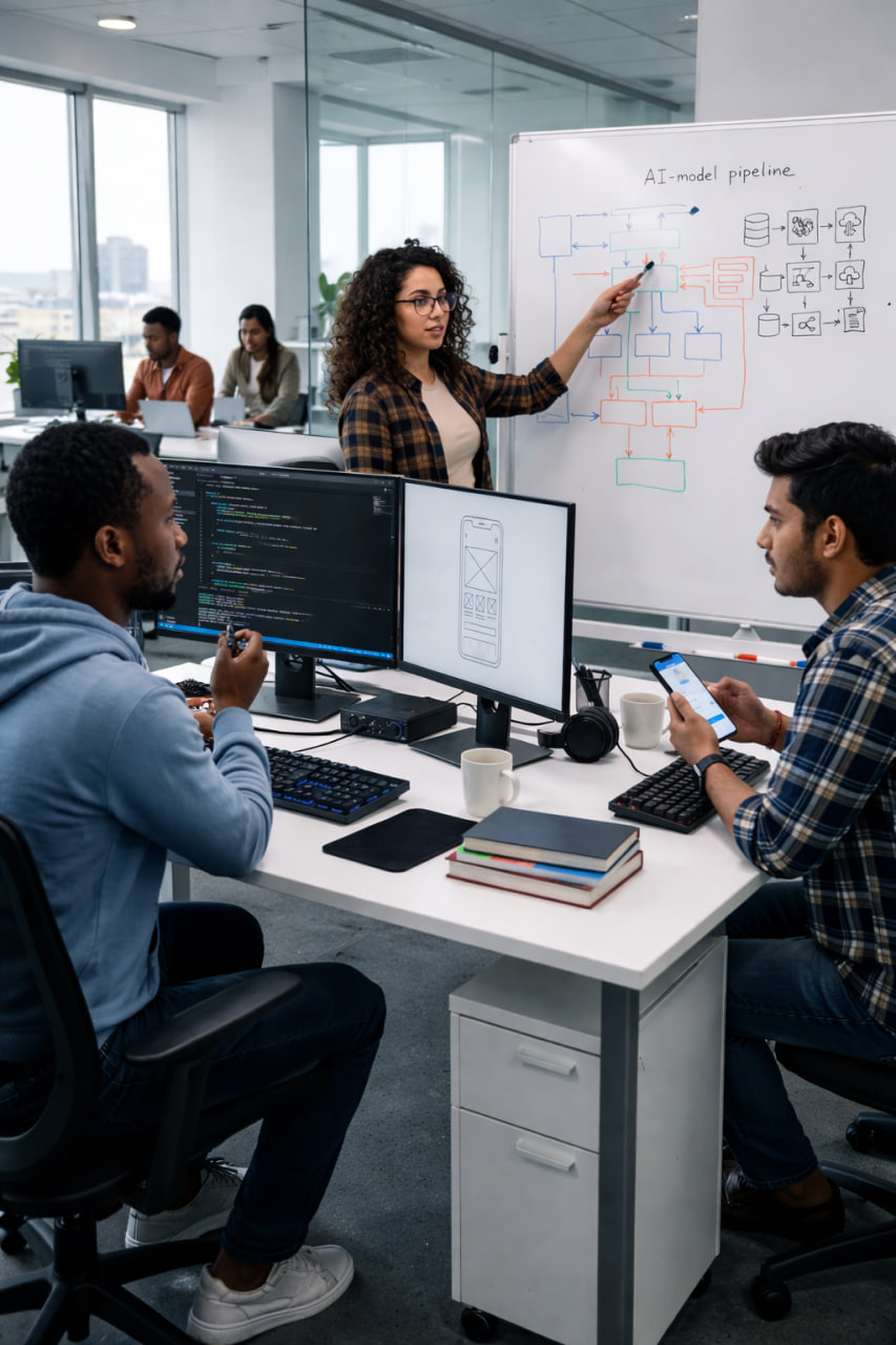 A diverse team of software engineers collaborates in a modern, open-plan office. 