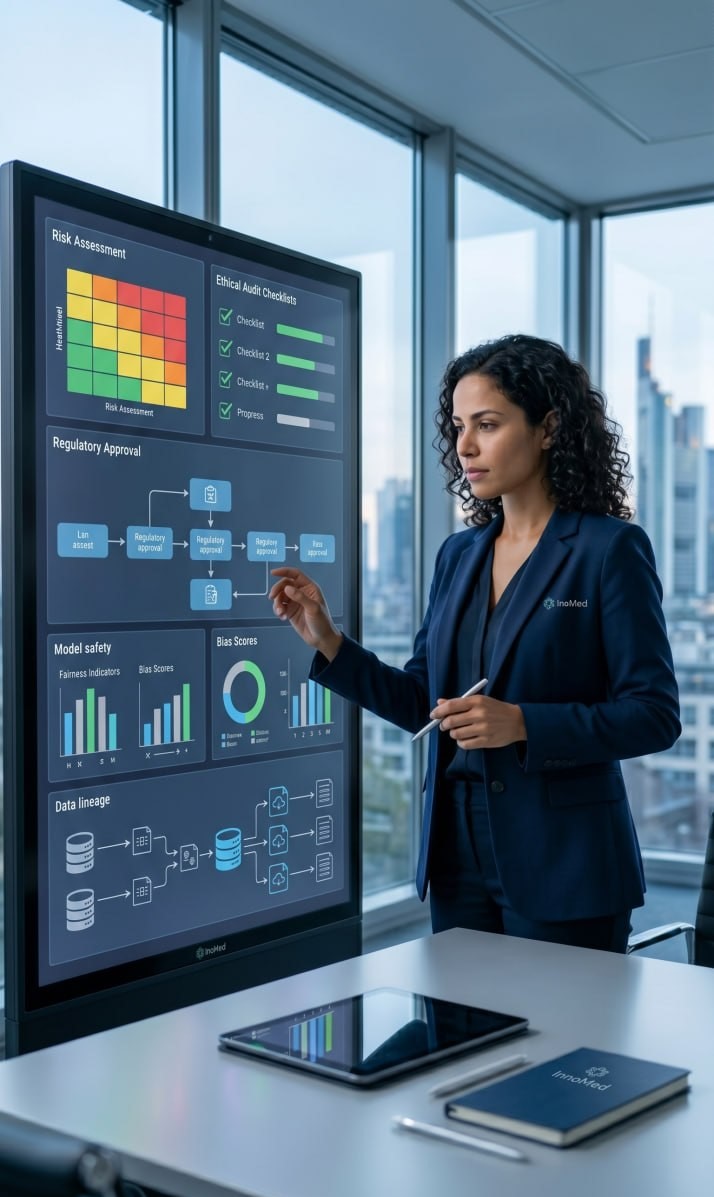 A female professional in a blue blazer interacts with a large vertical touchscreen displaying a dashboard focused on "Medical AI Governance, Ethics & Compliance.