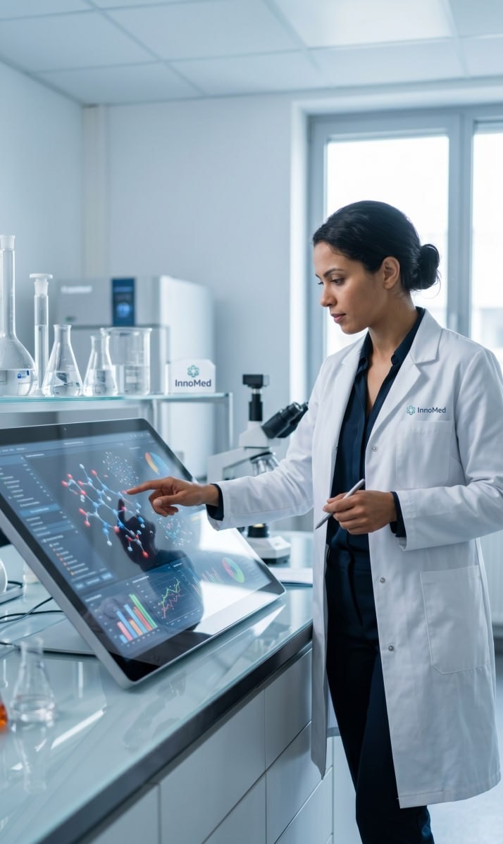 Pharmaceutical researcher interacting with AI-powered data visualization in lab