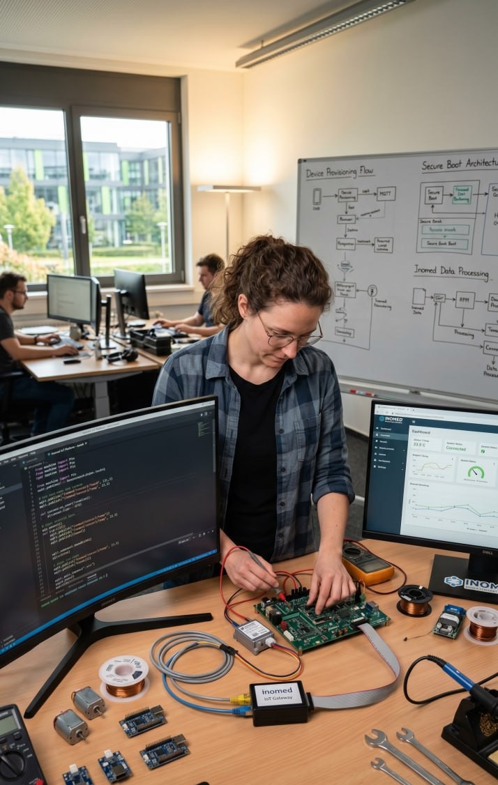 Engineer inspecting IoT device with data dashboard in modern lab workspace