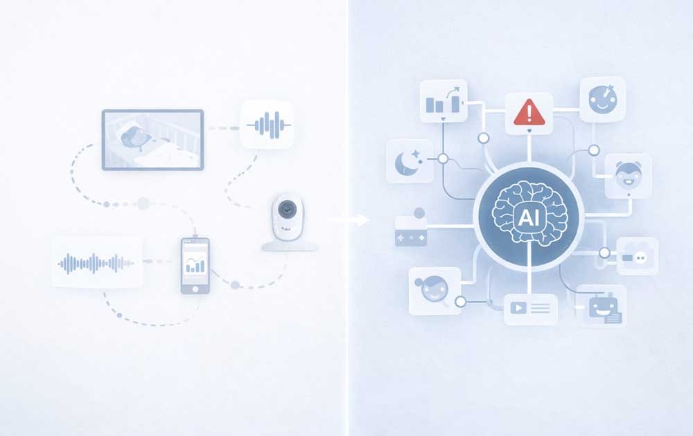 comparison between traditional baby monitor and AI-powered monitoring system