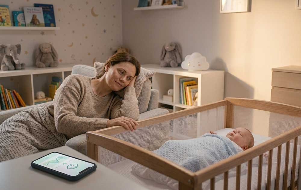 mother feeling reassured while AI monitors her baby at home