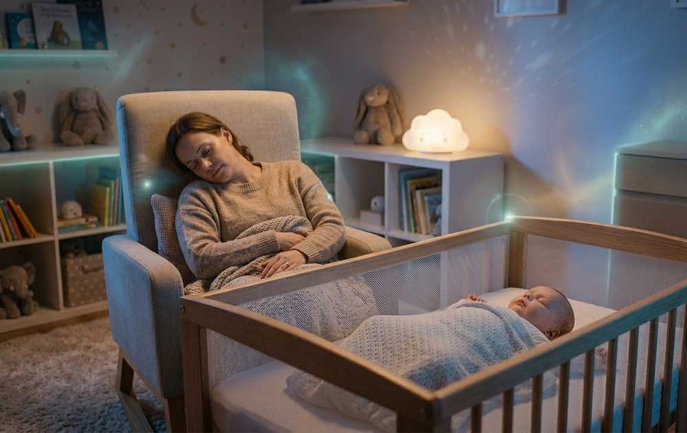 peaceful night sleep for mother and baby supported by AI monitoring