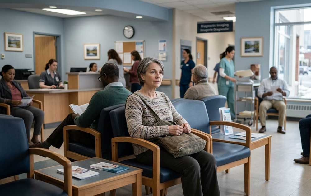 patient waiting in a Canadian imaging center before getting X-ray results
