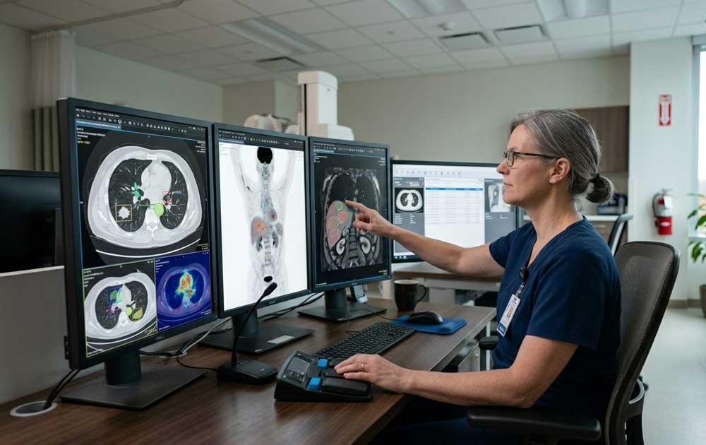 radiologist reviewing AI-assisted scan results on multiple monitors