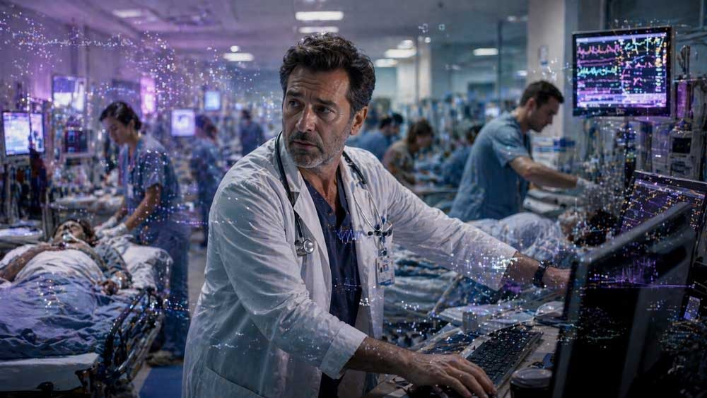 busy hospital ICU environment showing doctors managing critical patients under pressure and data overload