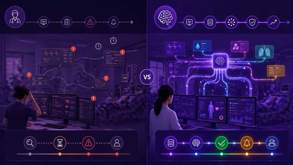 infographic showing AI medication safety system detecting drug interactions and preventing errors