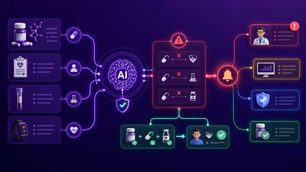 AI healthcare dashboard showing early detection timeline for patient deterioration and sepsis in purple tones