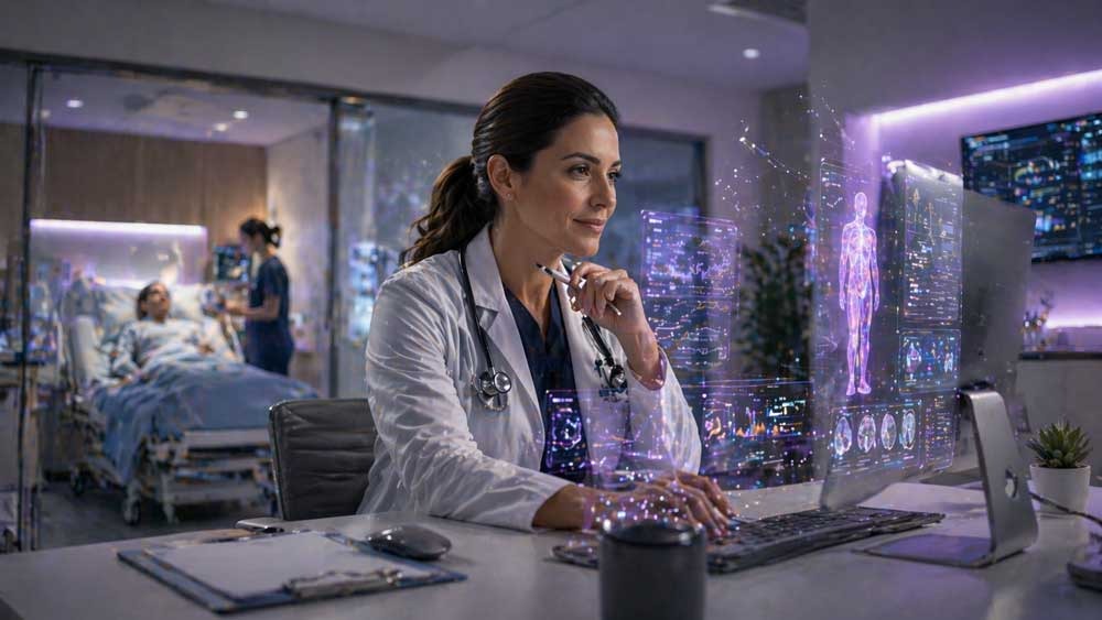 modern hospital workspace where doctors use AI systems to improve clinical decision making and patient safety