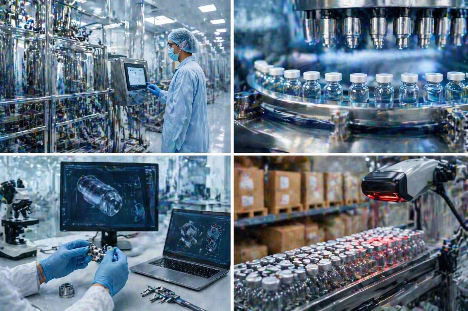 A high-tech pharmaceutical/biotech factory layout showcasing sterilized manufacturing areas, automated assembly lines, lab workstations with CAD designs, and intricate logistics with barcode scanning, all in a clean, blue-toned clinical environment