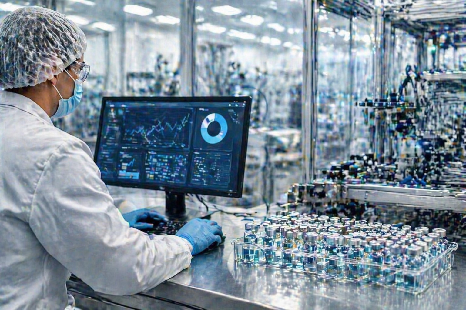 A high-resolution photo of a modern office and laboratory workspace, featuring a young woman inspecting an electronic device surrounded by circuit boards and technical drawings, with a large monitor showing 3D CAD diagrams