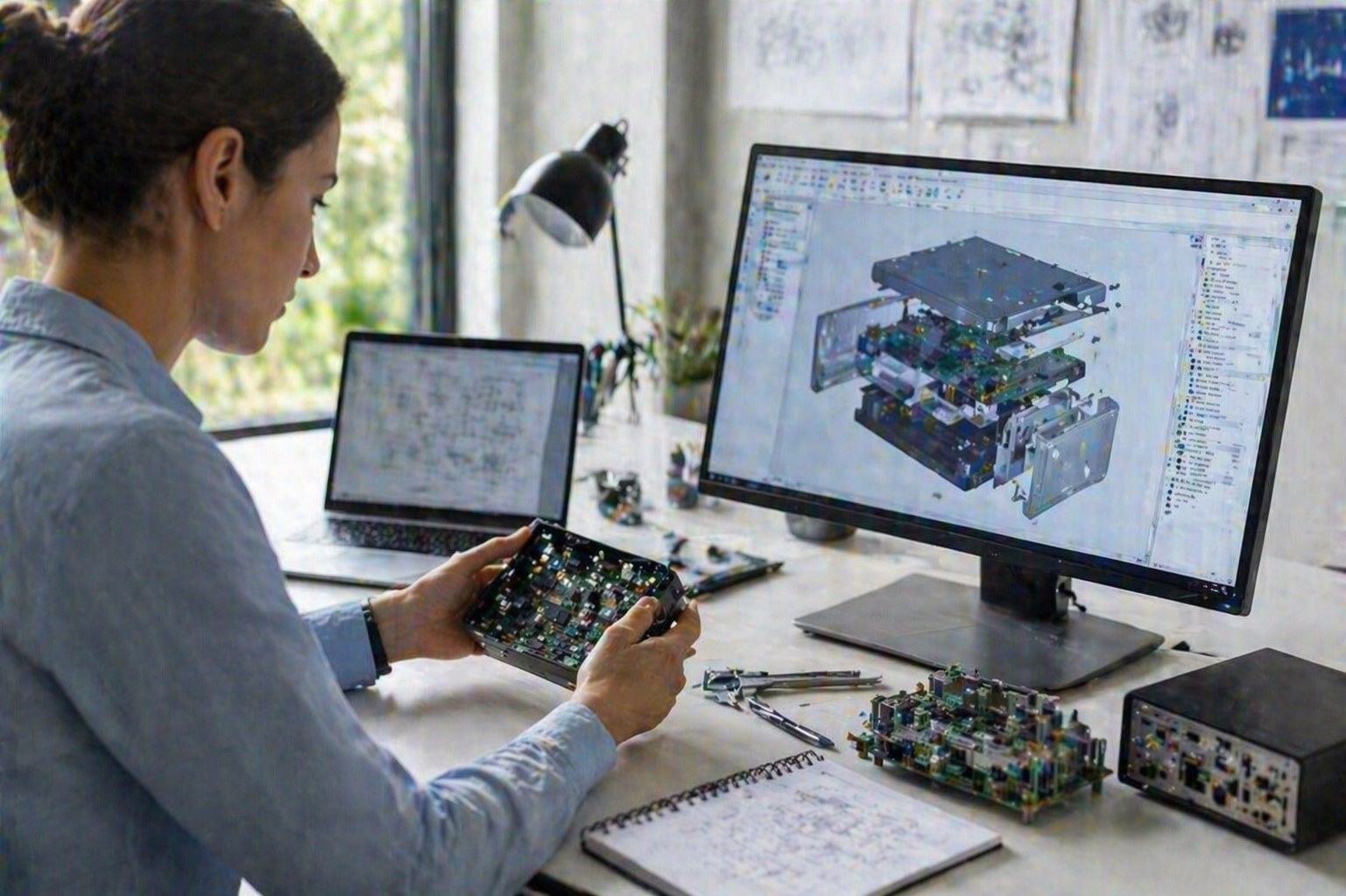 A modern, tidy office workspace featuring a focused professional analyzing data on dual monitors, surrounded by a clean setup with tech accessories and a decorative plant, illuminated by natural light.