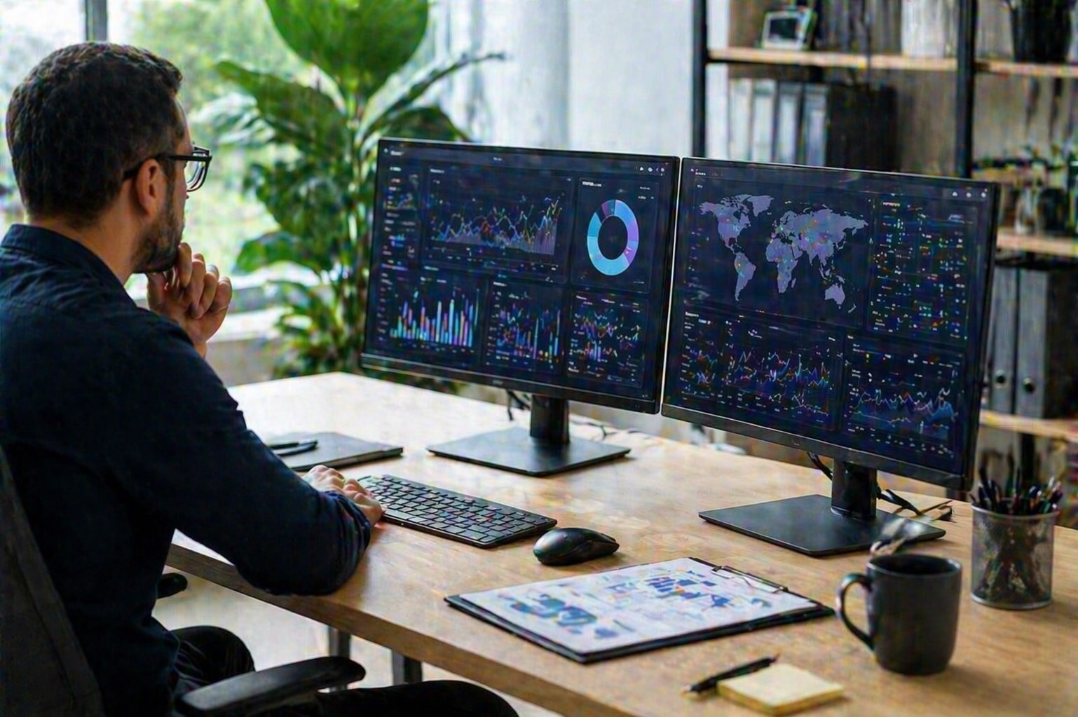 A bright and clean workspace where a woman in a blue shirt inspects an electronic device, with technical tools like circuit boards and 3D CAD diagrams displayed on her desk, creating a professional design and engineering environment.