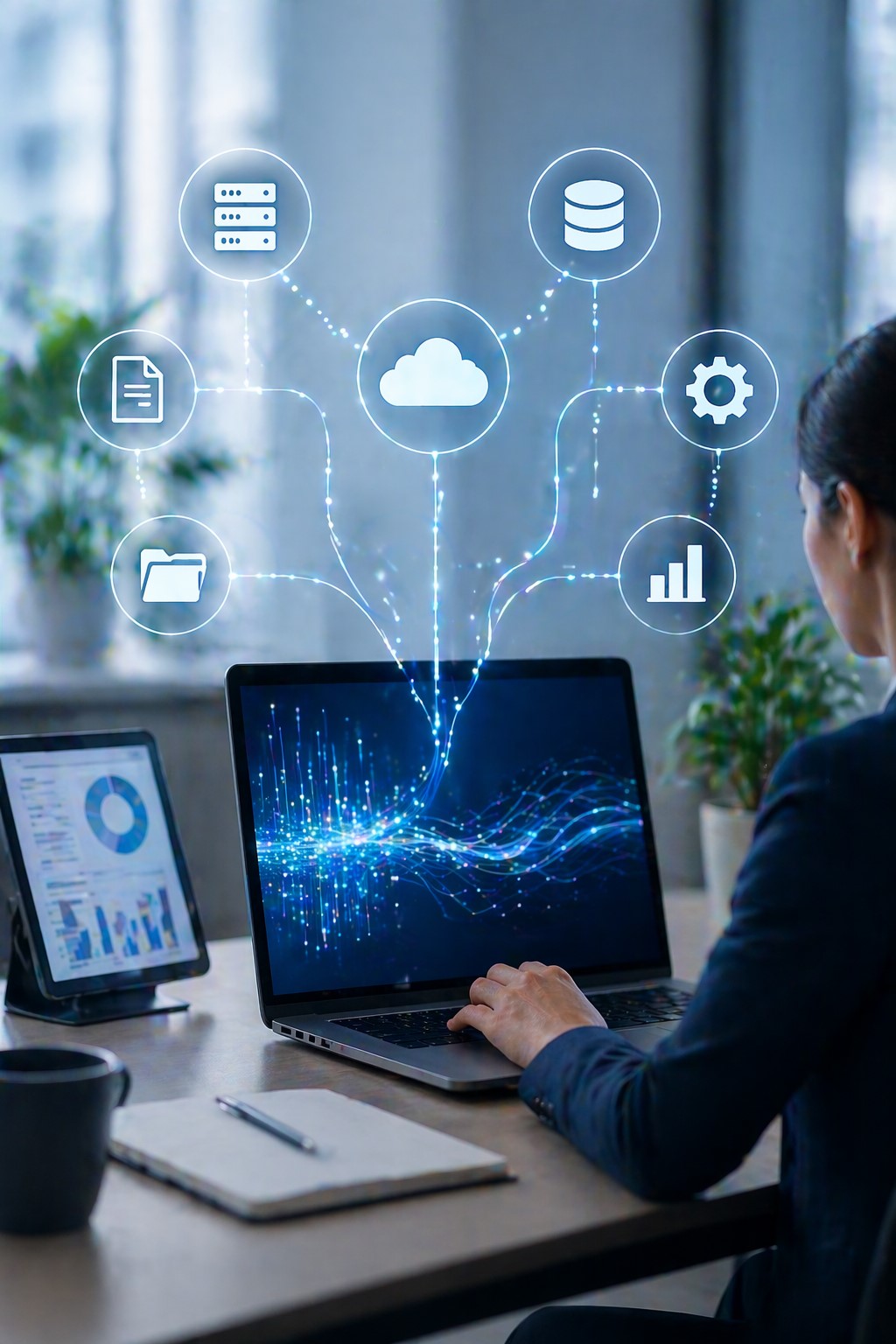A modern, sleek office workspace featuring a professional woman working on a laptop, surrounded by floating UI icons representing data flow and cloud integration. The scene is illuminated by soft natural light, with minimalistic decor and a futuristic blen