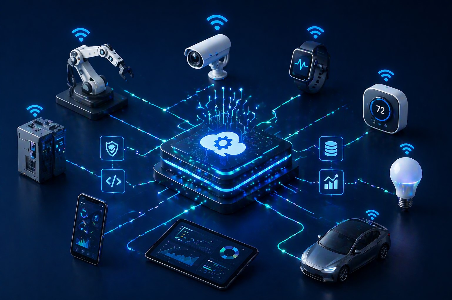 A high-tech, isometric 3D digital illustration showcasing an IoT ecosystem with a central glowing platform surrounded by smart devices such as a robotic arm, light bulbs, and cars, connected by glowing lines in a futuristic layout