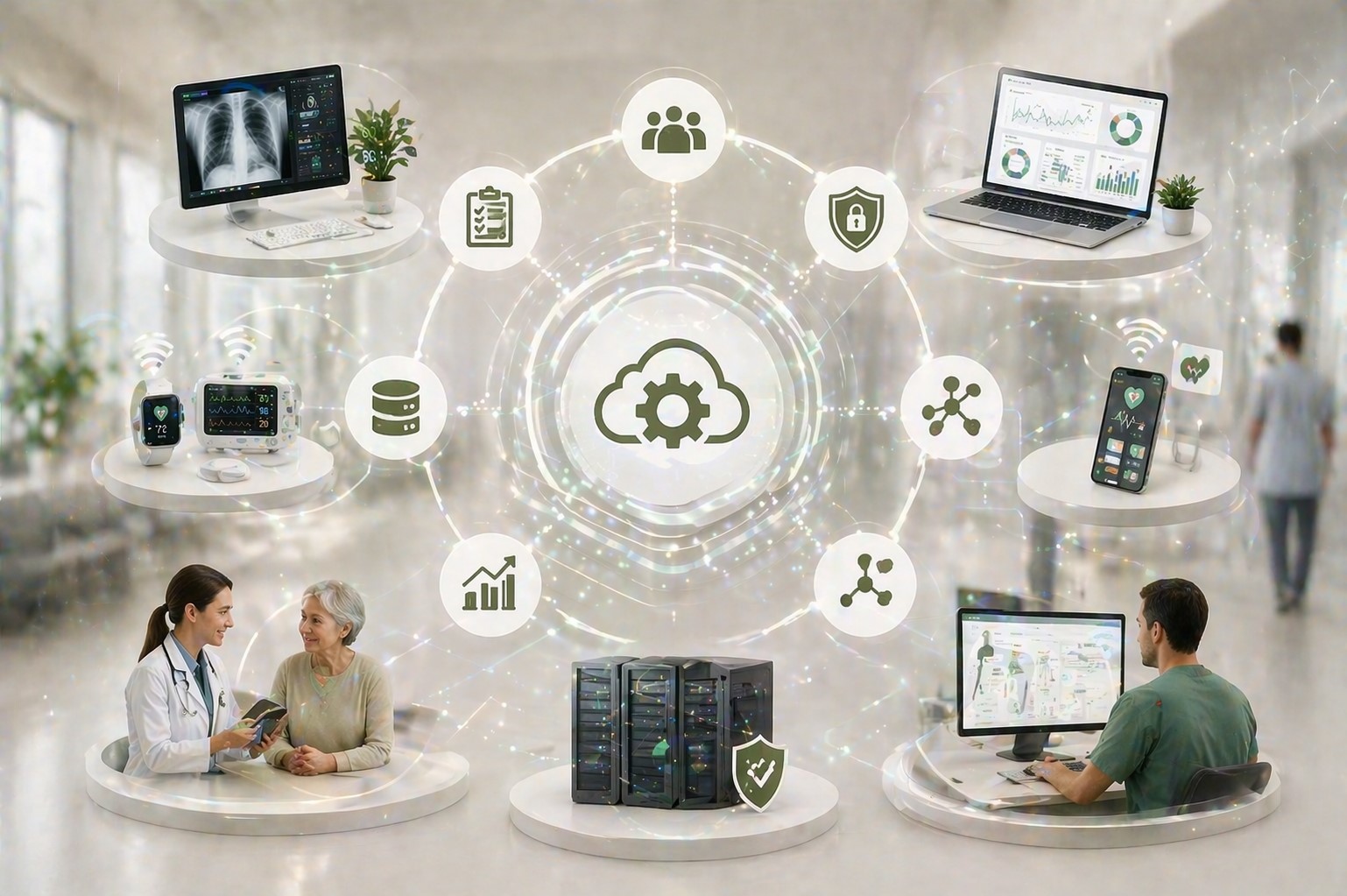 A modern, high-tech healthcare environment featuring a sleek hospital setting in soft beige and white tones. The image includes interconnected devices and digital infographics, with a central cloud-and-gear hub surrounded by medical icons such as wearable 