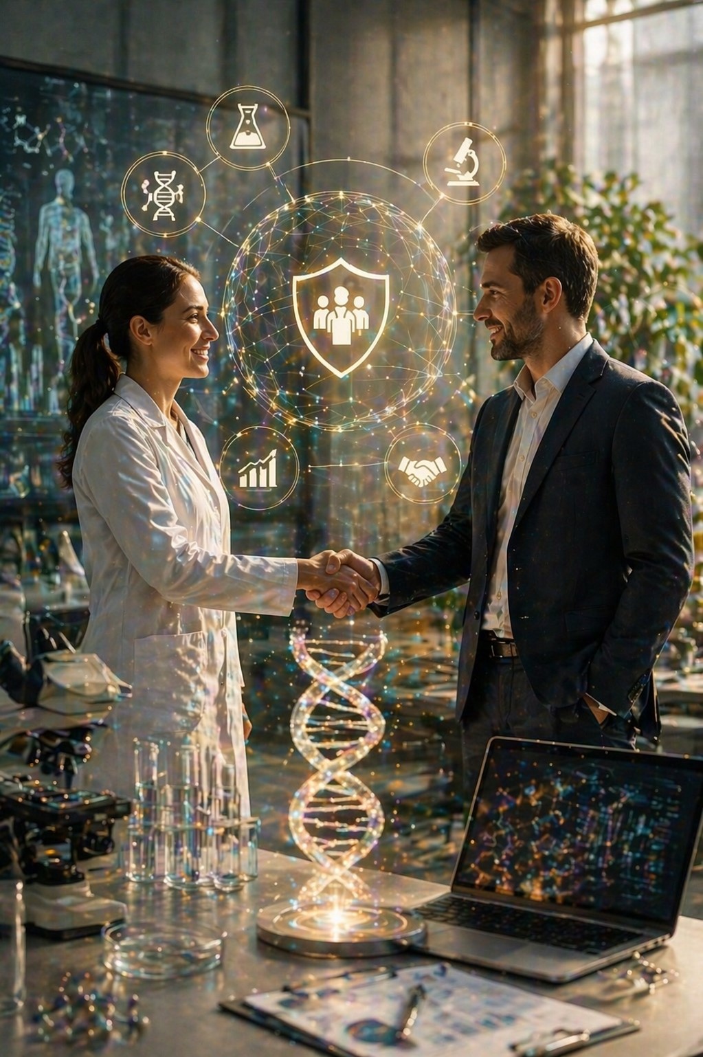 A young female scientist and a business professional shake hands in a modern biotech research facility, with holographic representations of scientific concepts and a high-tech, professional atmosphere.