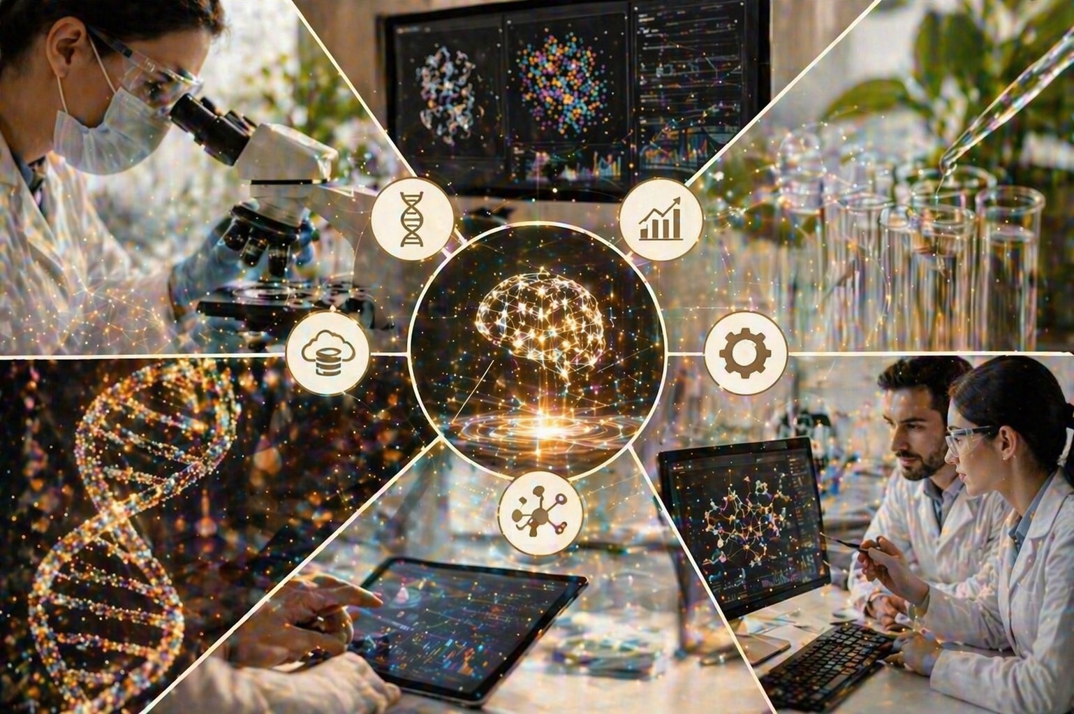 A futuristic biotech lab with a diamond-shaped layout featuring a glowing neural network hub surrounded by panels showcasing scientific tools, data visualizations, and lab activities in warm golden tones.