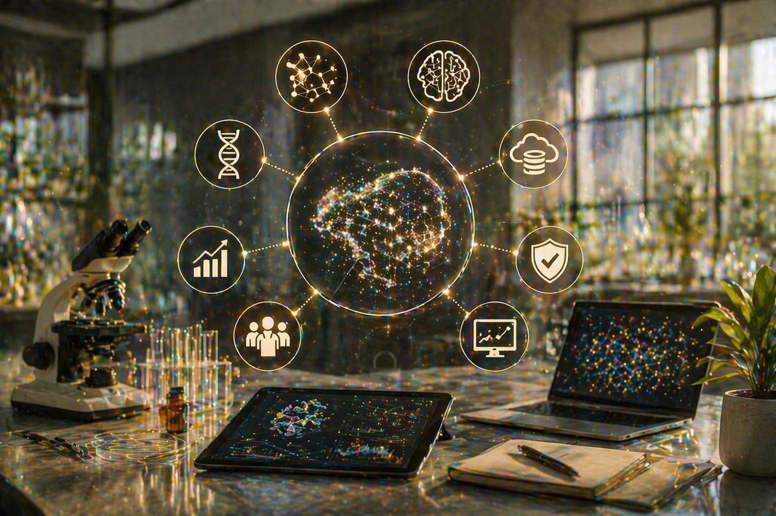 A futuristic biotech lab with a diamond-shaped layout featuring a glowing neural network hub surrounded by panels showcasing scientific tools, data visualizations, and lab activities in warm golden tones.