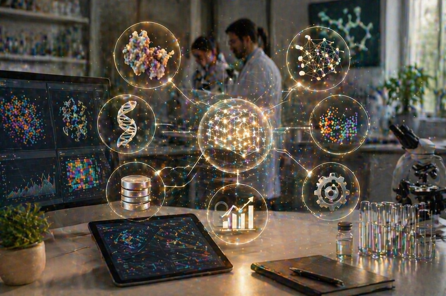 A modern biotech/AI lab with a clean desk surrounded by scientific instruments and a glowing infographic above, displaying molecular structures, neural networks, and data analytics in a warm, natural light