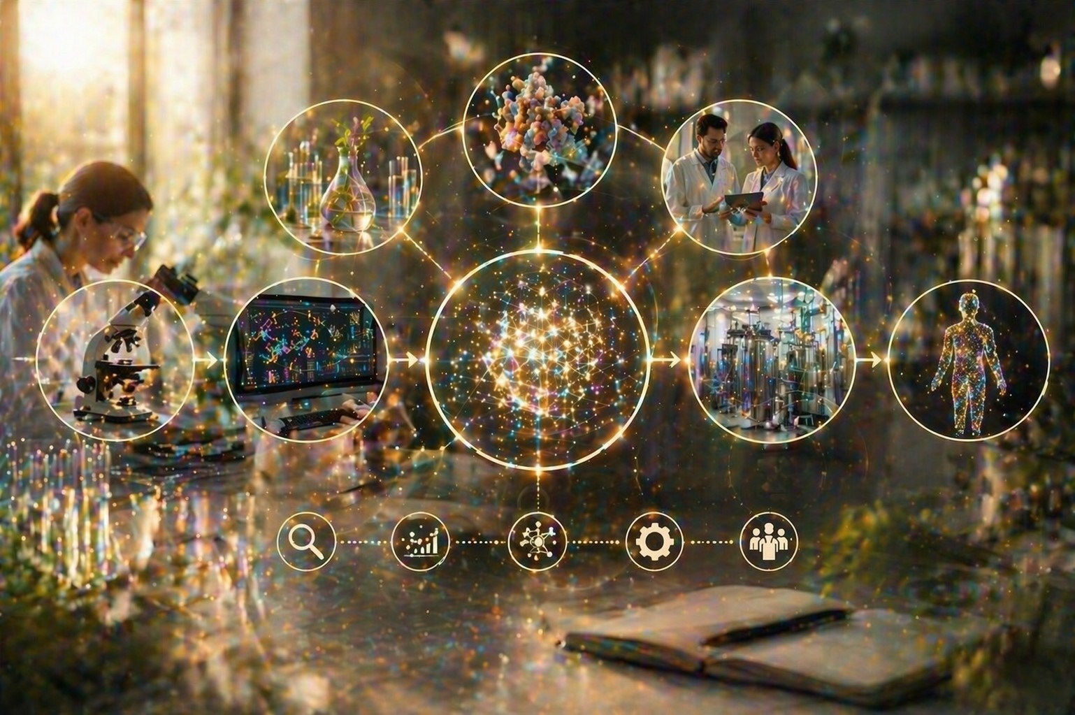 A high-tech biotech lab bathed in warm light, showcasing an intricate network of connected circles representing research stages, with glowing trails linking them