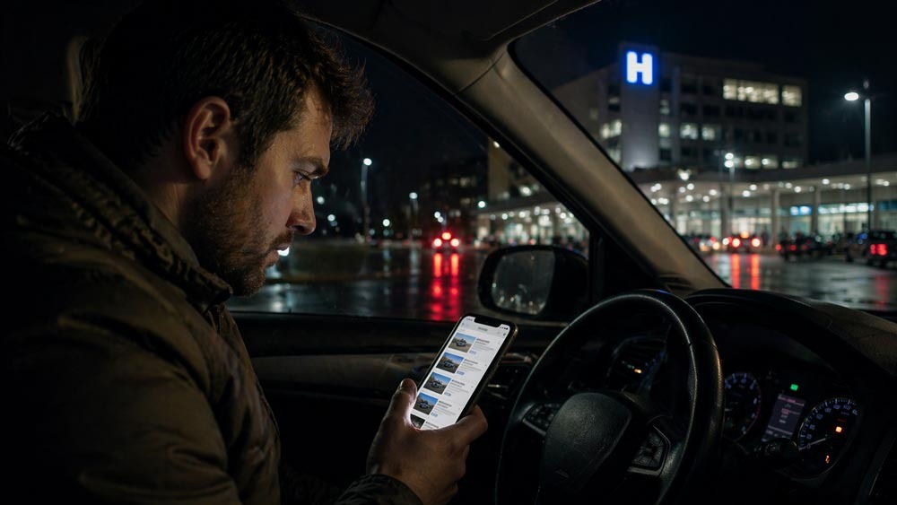 Patient deciding which emergency room to visit using a mobile phone before arrival
