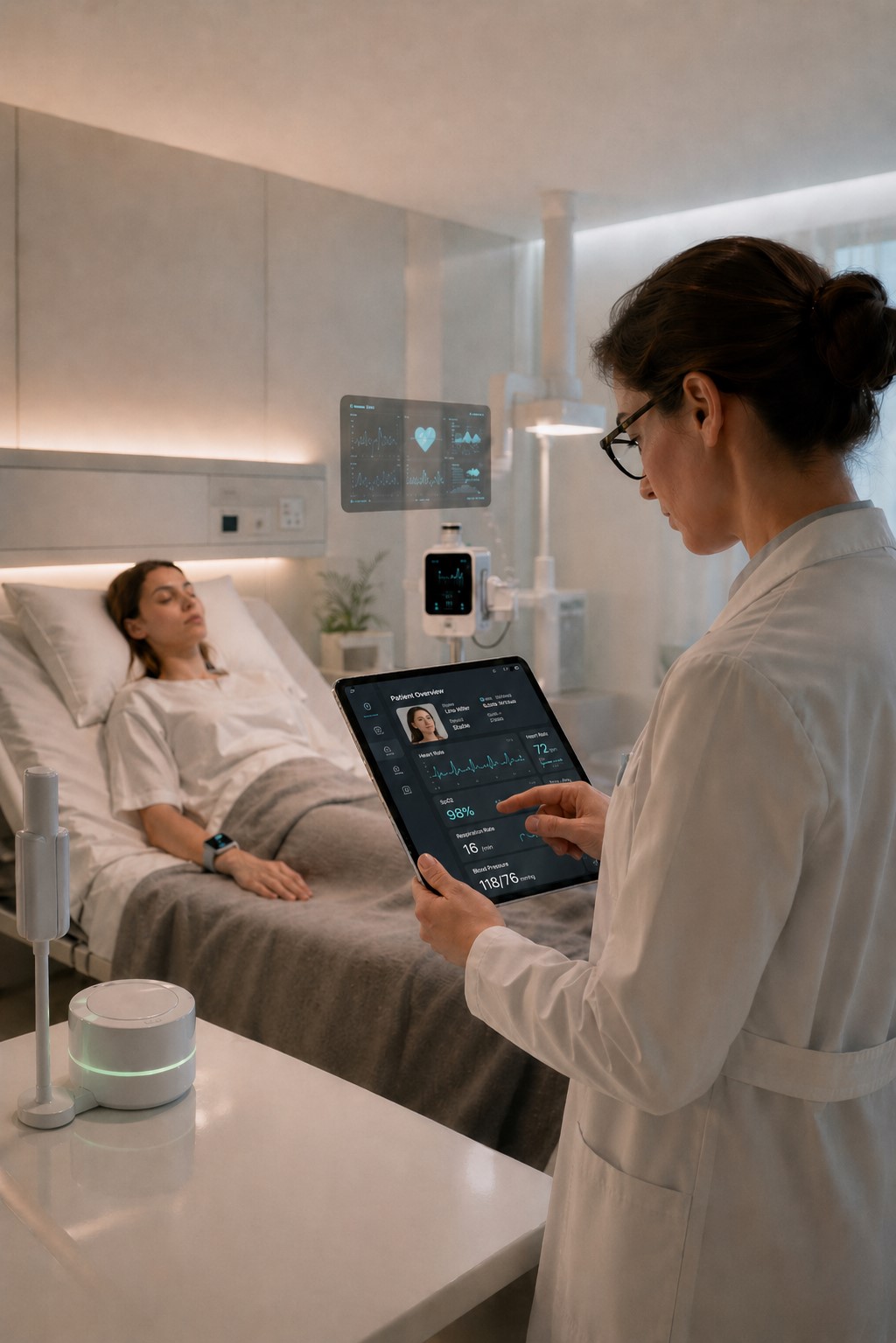 Doctor monitoring a patient using a tablet in a smart hospital room.