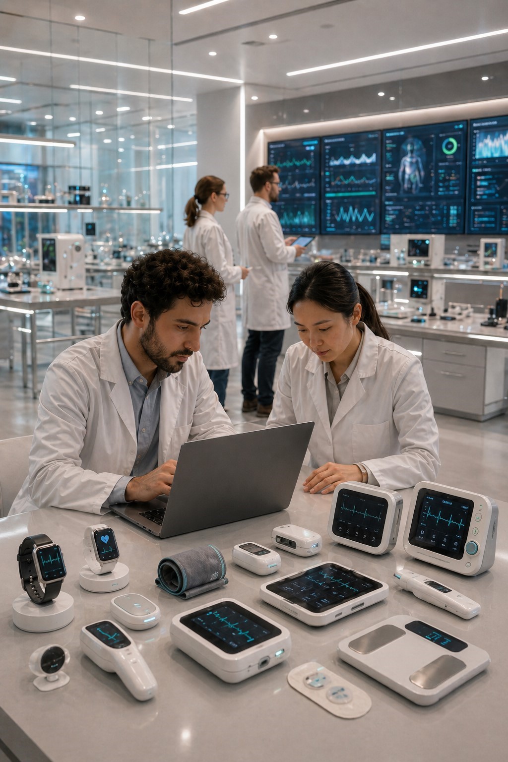 Pharmaceutical professionals reviewing production data beside a modern automated medicine manufacturing line.