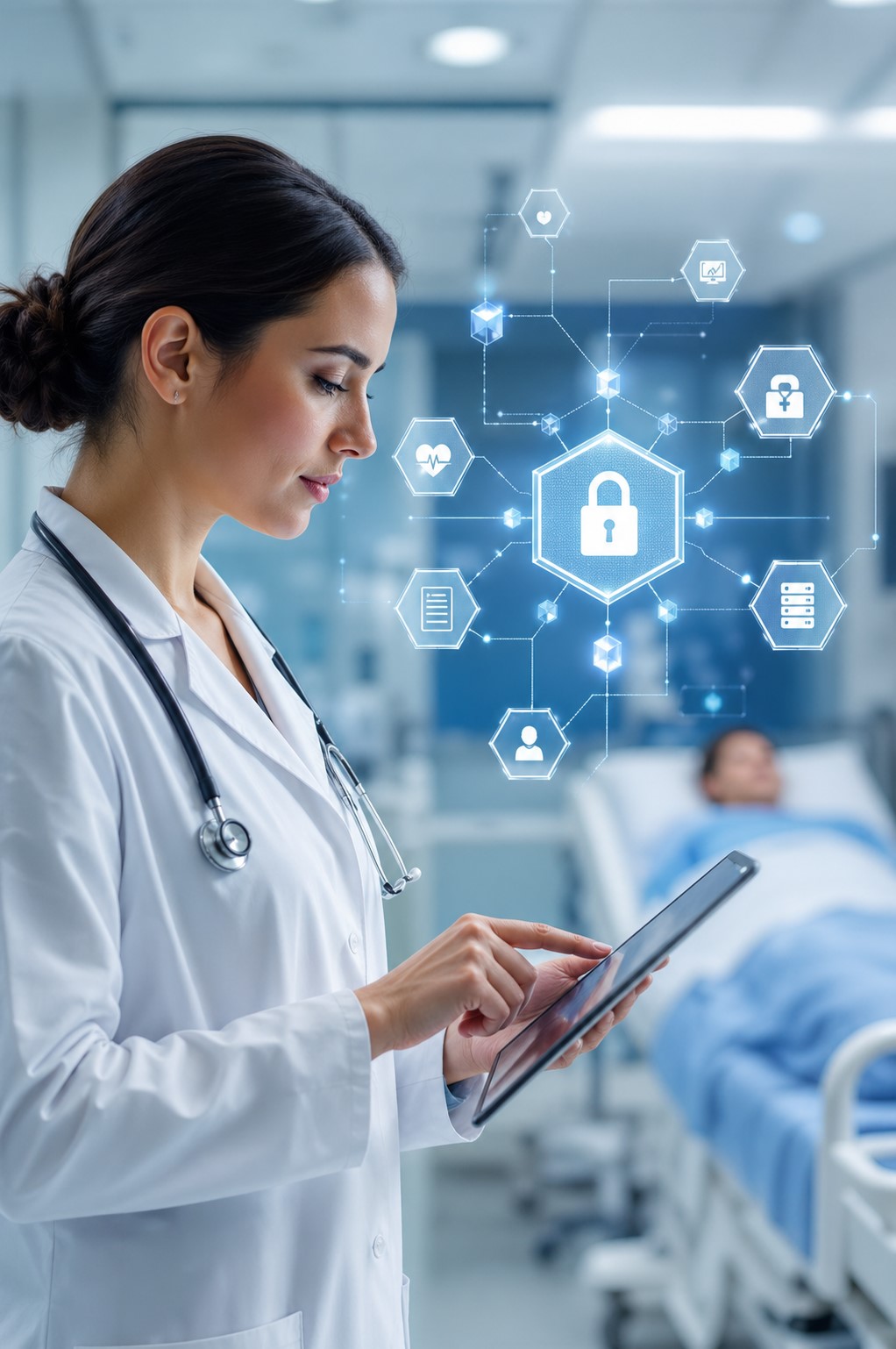 doctor using a tablet in a modern hospital room with secure blockchain-style medical data