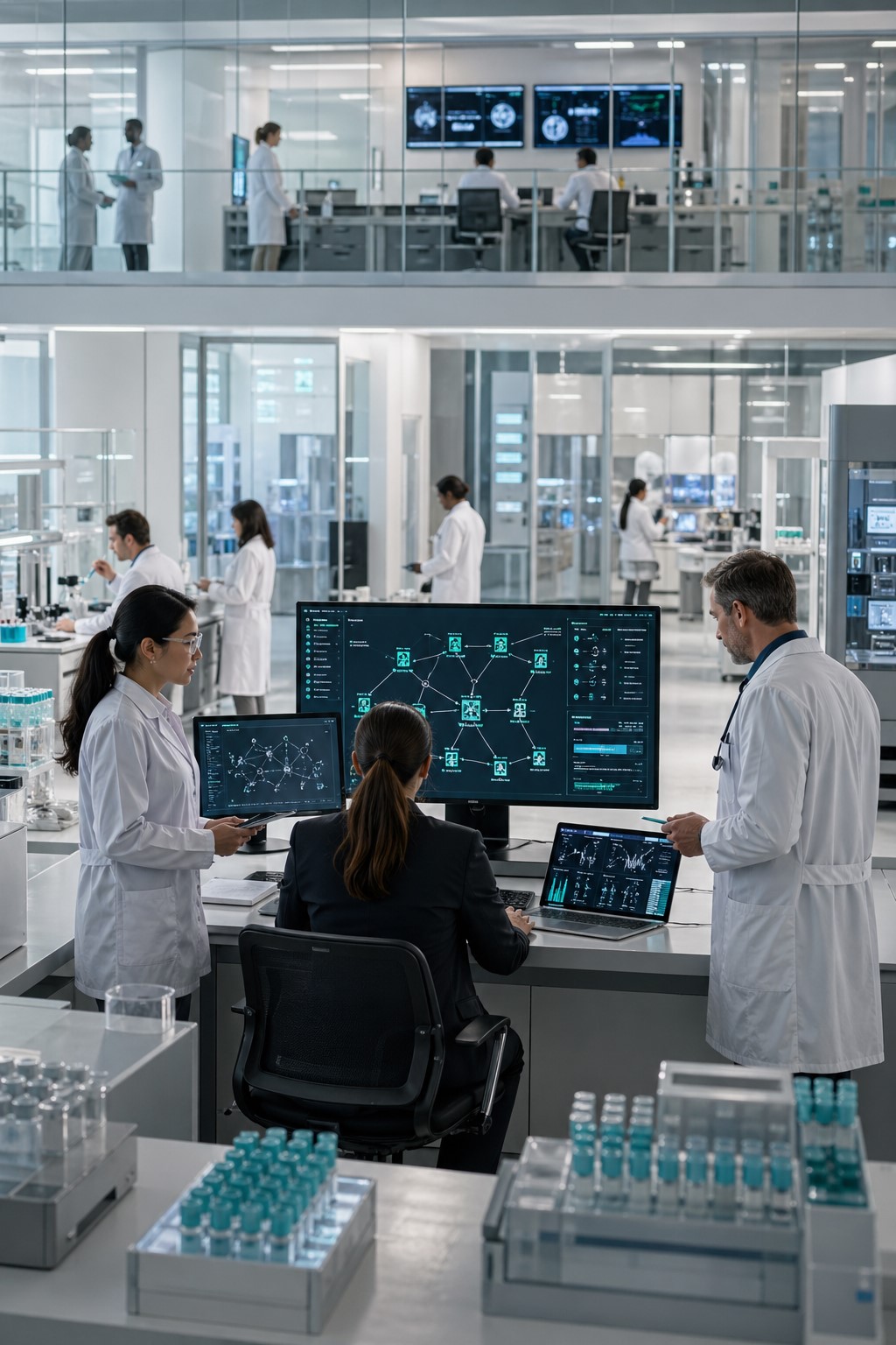 Healthcare and research professionals reviewing secure clinical data in a modern multi-level medical lab
