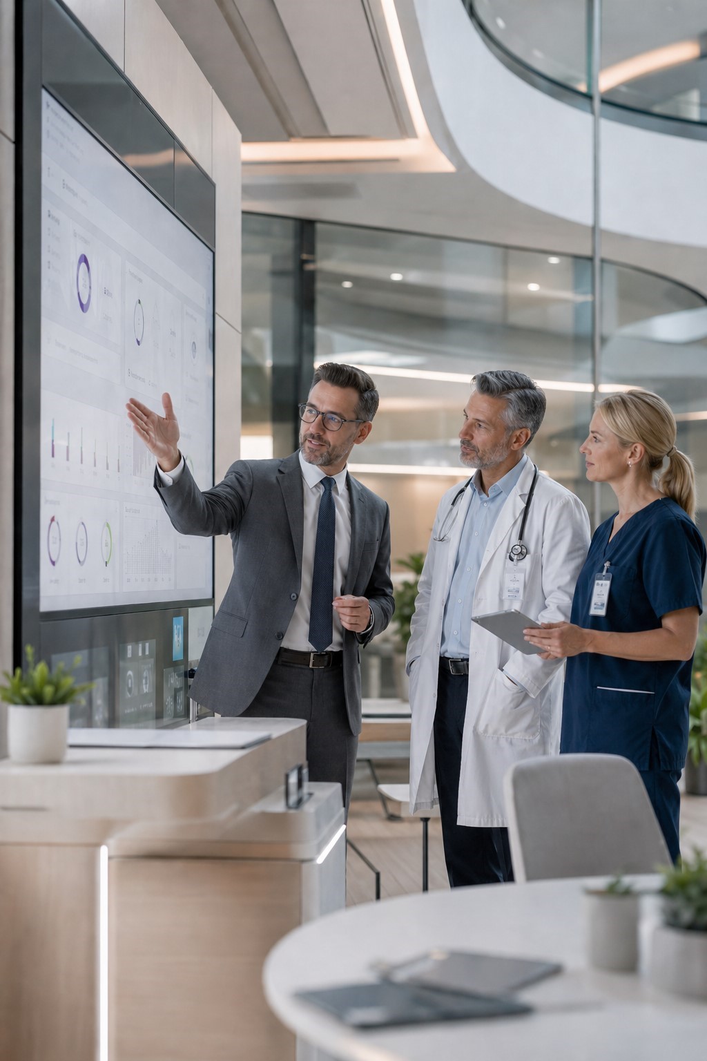 Healthcare consultant presenting clinical data to a doctor and nurse in a modern medical office.