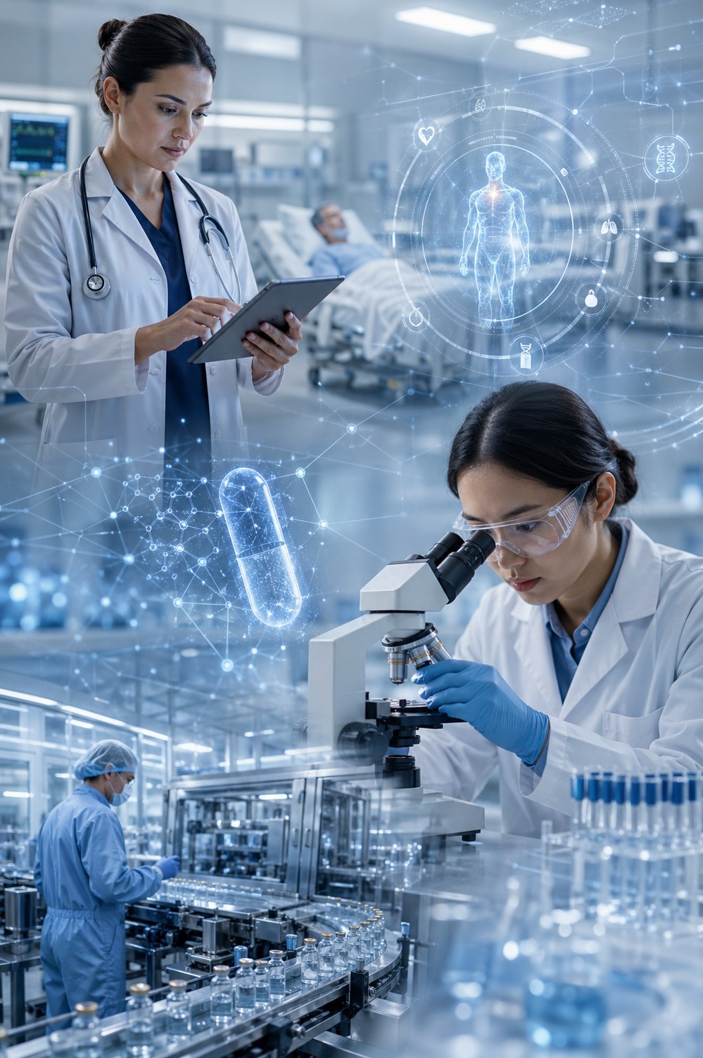 Doctor, lab scientist, and pharma production with digital healthcare overlays