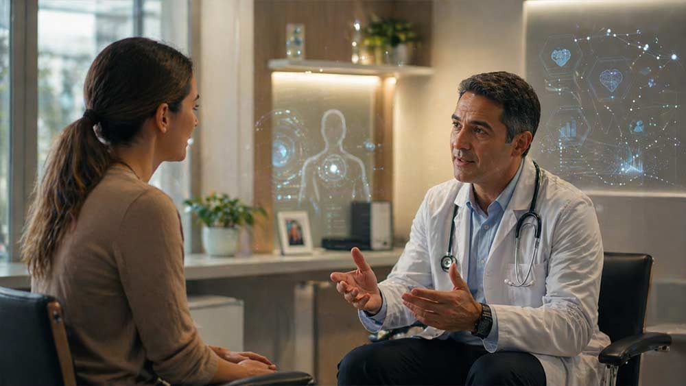 doctor speaking directly to patient while AI handles documentation in background