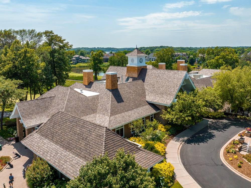 Brava composite cedar shake roof on a clubhouse, viewed from above