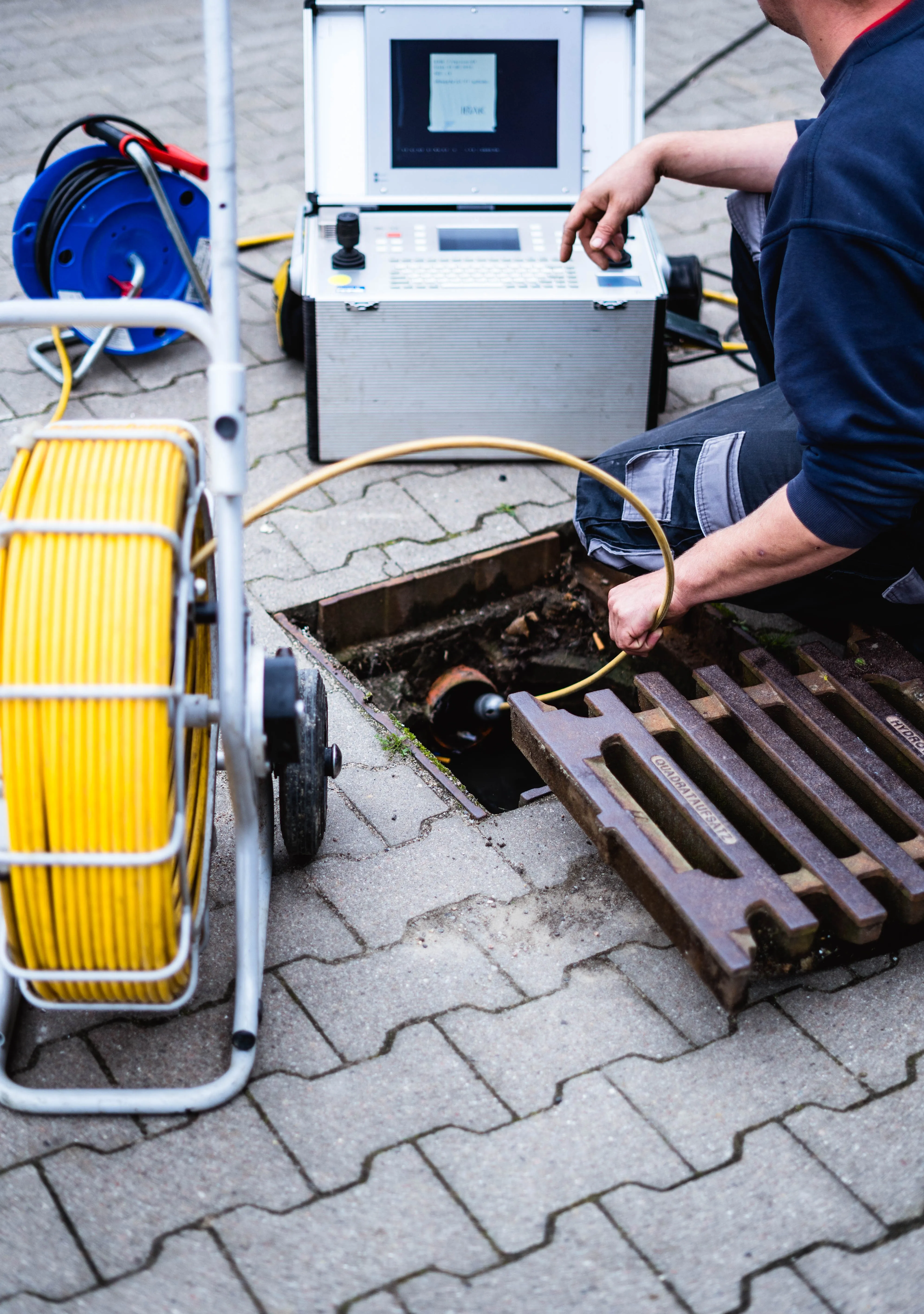 Techniker führt Kanalinspektion mit gelbem Kamerakabel und Kontrollgerät über geöffnetem Straßenschacht durch.