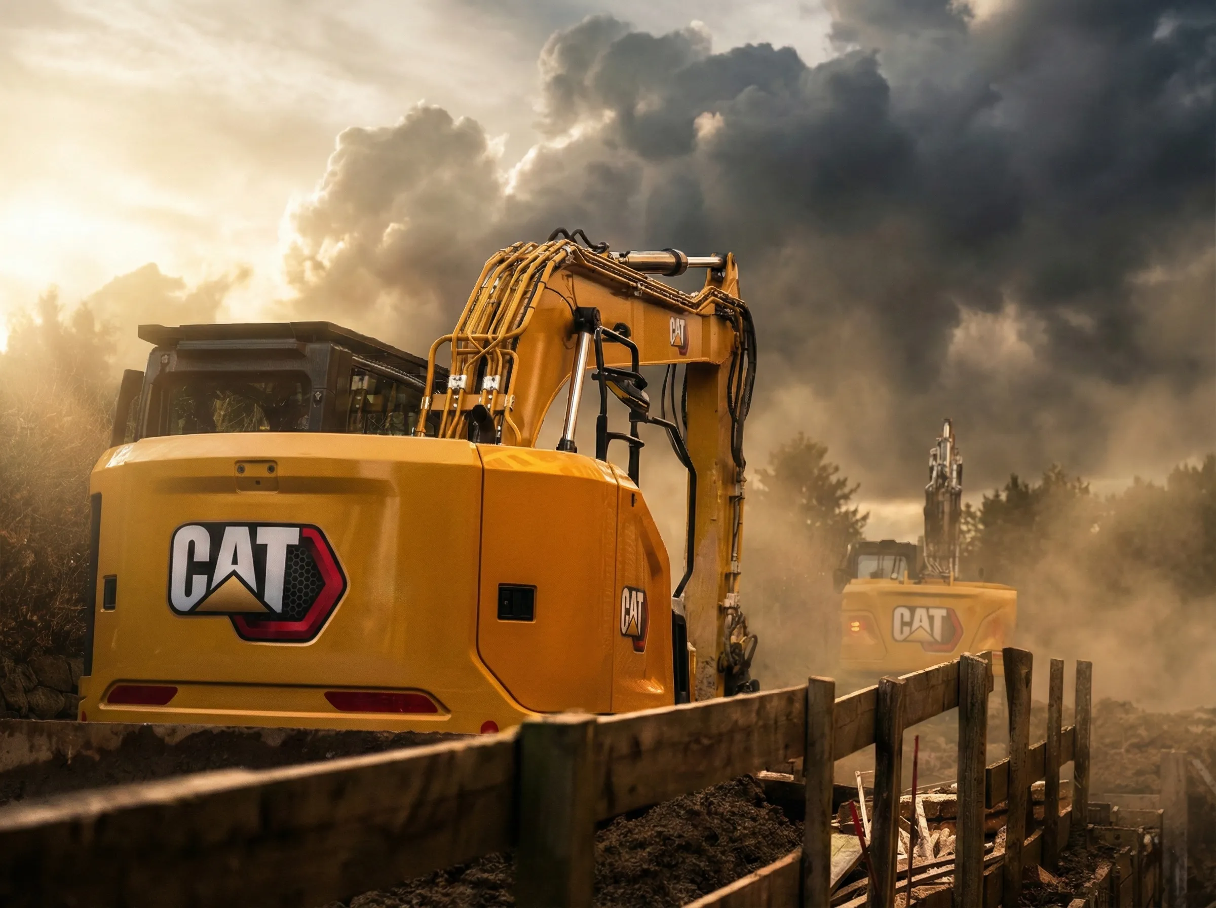 Zwei Bauarbeiter mit reflektierender Arbeitskleidung, die bei einer Straßenbaustelle auf einem Bürgersteig arbeiten.